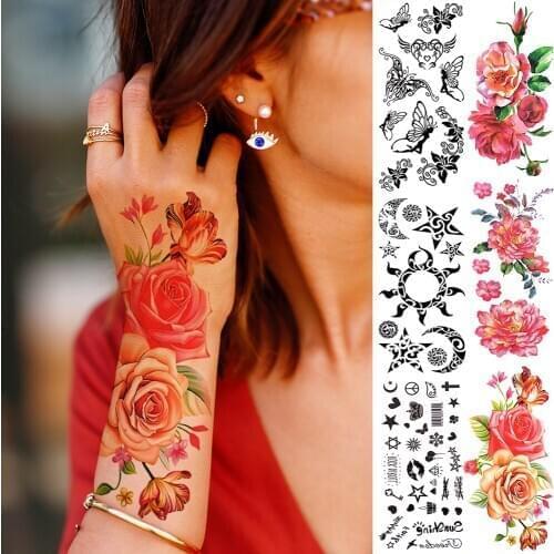 Realistic Rose Temporary Tattoos For Women Kids Cute Indian Tribal Sun Moon Flower Fake Tattoo Small Sticker Face Hand Tatoos