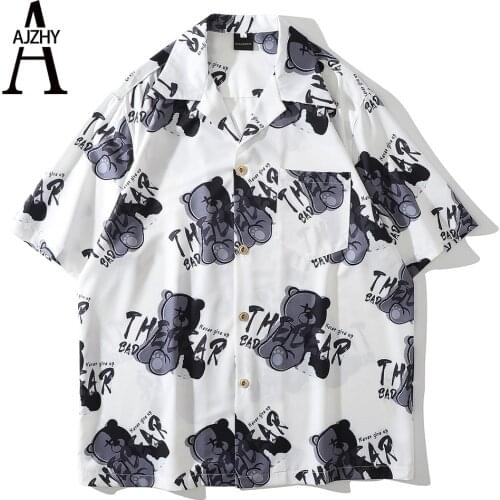 Hip Hop Cartoon Bear Full Printed Shirt Summer Short Sleeve Japanese Streetwear Harajuku Hawaiian Beach Fashion Oversized Shirts