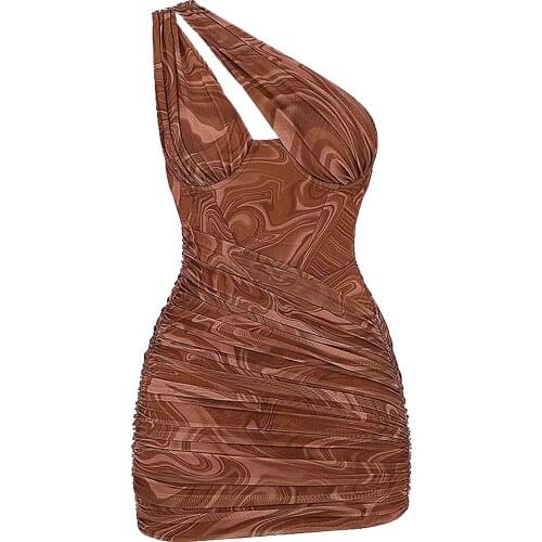 Slanted shoulders halter sexy tight street pleated short dress