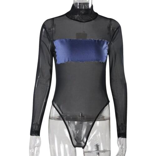 Patchwork Mesh Skinny Bodysuit 2019 New Street Fashion Sexy Women One Piece See Through Jumpsuits Femme Playsuits Rompers Mujer