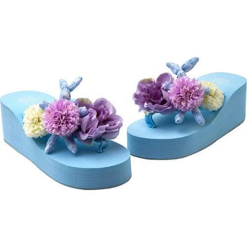 HAHAFLOWERbohemia flip flops flower beach shoes sandals handmade wedge platform slippers holiday summer weeding shoes 35-44