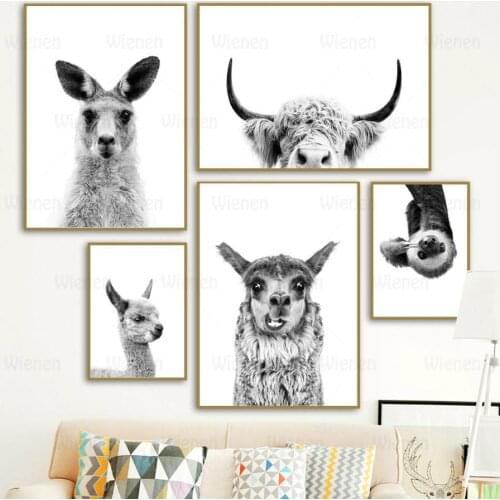 Modern Minimalist Black and White Animal Canvas Poster Kangaroo Alpaca Otter Nordic Children Room Decorative Painting Wall Art