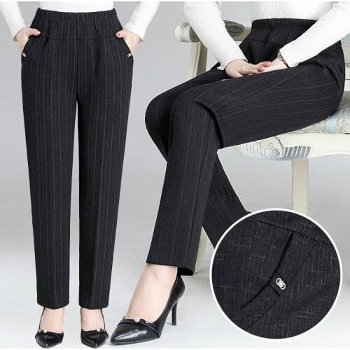 High Quality Middle-aged Women Straight Trousers Winter Thicked Stretch High Waist Pants Loose Female Striped Pants Plus Size