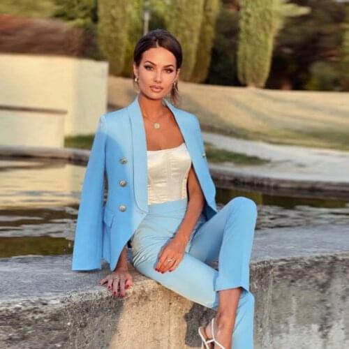 HIGH QUALITY Newest 2021 Designer Suit Set Womens Career Slim Fit Double Breasted Lion Buttons Shawl Collar Blazer Pants Suit