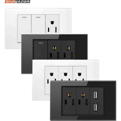 Power Wall Socket Light Switch Double 1/2 Pole Glass Panel Outlets Plate US Modular Mounted Home Office Electrical Appliances