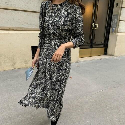 Women Summer Vintage Black and White Flower Long Rayon Dress Bodycon Sashes Long Sleeve Split Midi Sundress