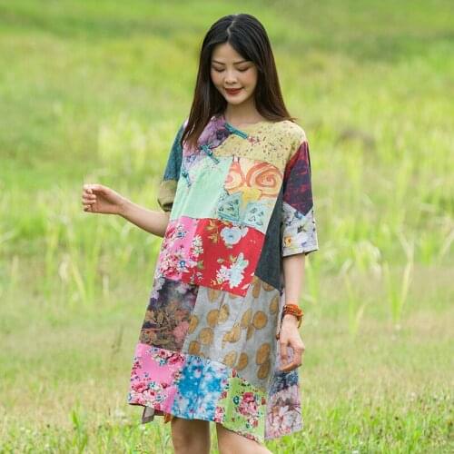 Women Summer Random Patchwork Dress Ladies Vintage Spliced Summer Cotton Linen Dress Female 2020 Dresses
