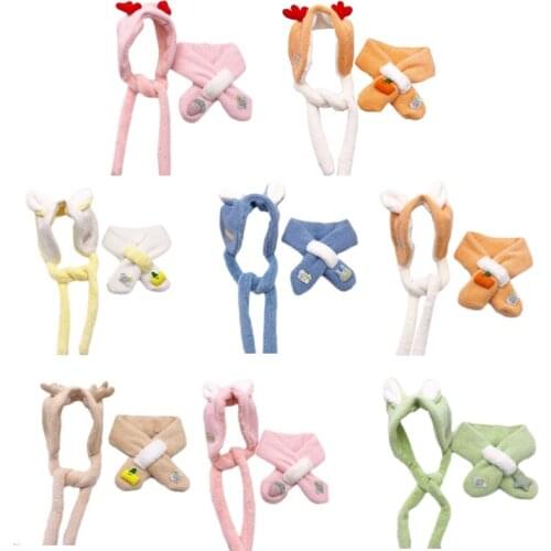 066C Warm Hat Hooded Scarf Earflap Knitted Cute Cartoon Kids Hat Scarf Set