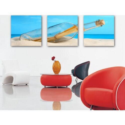 3 Panel Modern Drift bottle on Beach Painting Picture Blue Sky Landscape Painting Canvas Wall Art No Frame