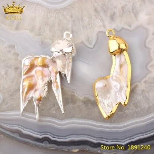 5pcs Natural Baroque Freshwater Pearl Beads Pendant Jewelry,Plated Gold Caps White Pearl Slab Beads Charms For DIY Jewelry