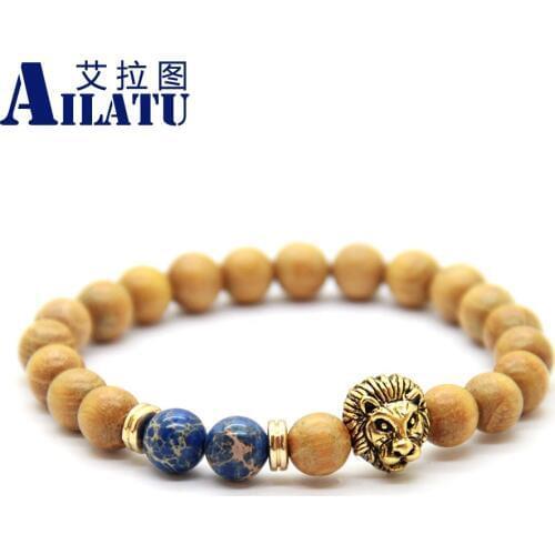 Ailatu High Quality 8mm Natural Yellow Wood Beads & Blue Sea sediment Imperial Stone Alloy Lion Head Bracelet