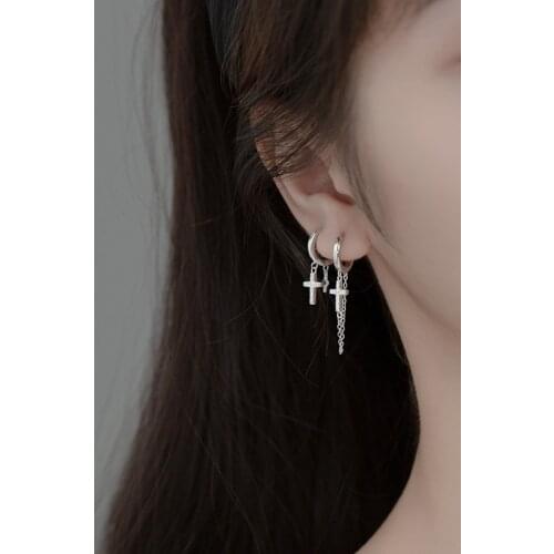 Asymmetry Earrings Real. 925 Sterling Silver jewelry Piercing CZ Set Cross ear hoop huggie Chain Tassel earrings C-G9657