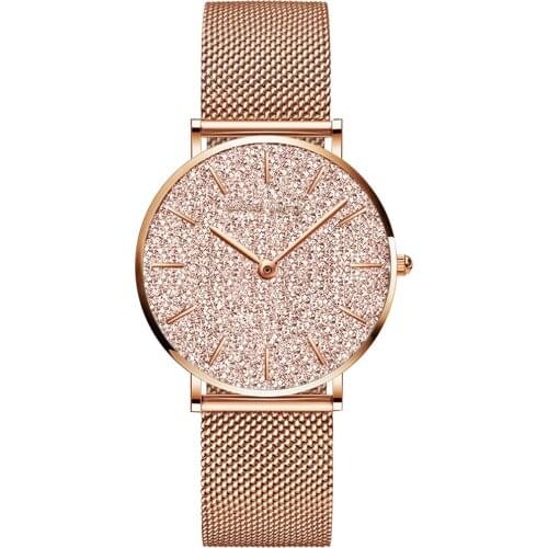 Women Watches New Flash Stars Stainless Steel Rose Gold Mesh Unique Simple Casual Quartz Waterproof Wristwatches Clock Hot Sale