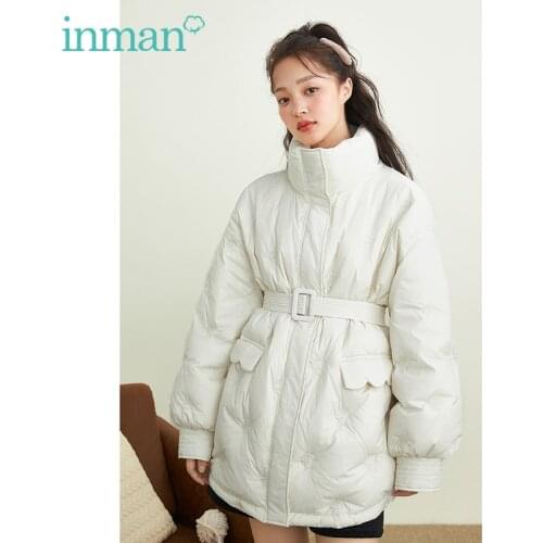 INMAN Womens Down Jacket With Bandage Minimallist Flowers Embroidery Design Kawaii Pocket Thermal Beige Winter Coat