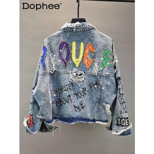 Short Denim Jacket Women Heavy Industry Rhinestone Beaded Letter Jean Jackets 2021 Spring New Ripped Short Coat Female Tops