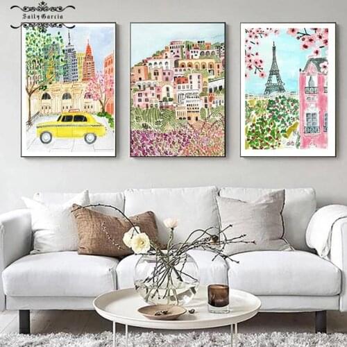 Positano Italy Print Amalfi Coast Colorful Wall Art New York City Venice Canvas Painting Architecture Cartoon Poster Travel Gift