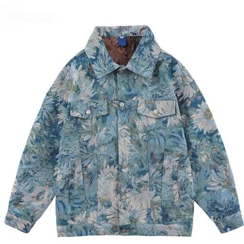 Floral Jacquard Denim Jackets Men Women Oversized Mens Jean Jacket Couple Clothing