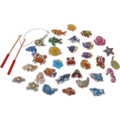 Funny Baby Wooden Fishing Board Fish Rod Fishing Game Set 34 PCS