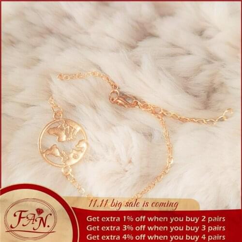 2021 New Trendy Charm Girl Women Party Round Global Map Style Golden Color Adjustable Chain Fashion Bracelet Jewellery Nice Gift