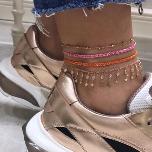 Docona Ethnic Orange Pink Knitted Rope Star Water Drop Layer Anklet for Women Chains Charms Pendant Anklet Foot Chains 8497