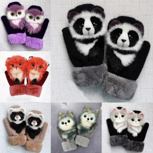 Hot Women Men Winter Knitted Gloves Cute 3D Fluffy Cartoon Animal Thermal Mittens F3MD