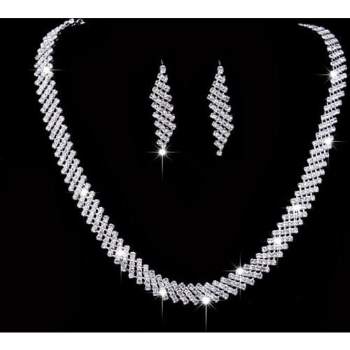 Luxury Female White Crystal Wedding Jewelry Set Charm Silver Color Dangle Earrings For Women Cute Bridal Square Chain Necklace