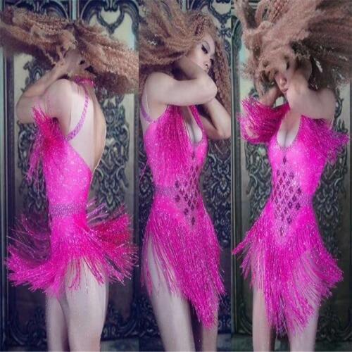 Sexy Sparkly Rhinestones Tassel Nightclub Dance Costumes DJ DS Show Stage Wear Bodysuit Party Female Singer Outfit