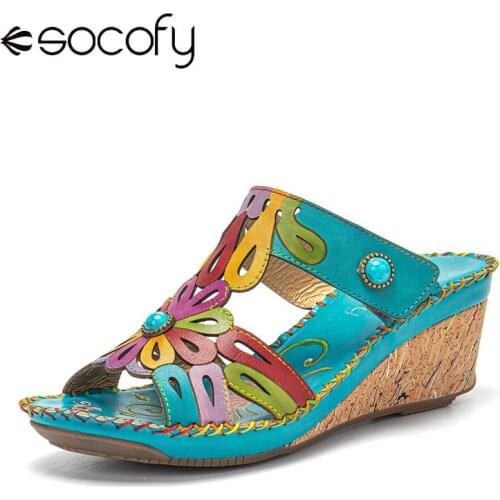 Socofy Bohemian Flower Decor Beading Genuine Leather Stitching Wedges Heel Comfy Hook Loop Sandals Retro Women Shoes