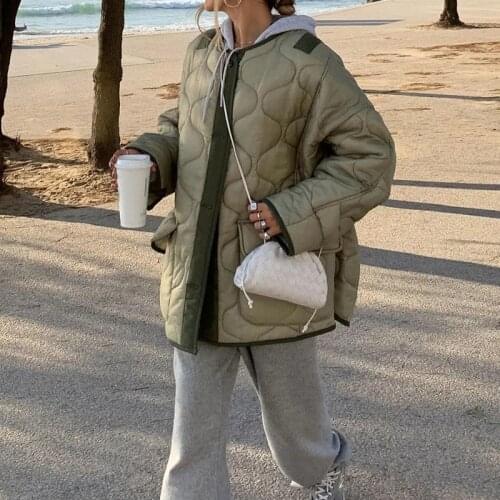 Winter Puffer Jackets For Women 2021 Za Moss Green Cotton Padded Clothes Casual Oversize Coat Vintage Without Collar Stylish