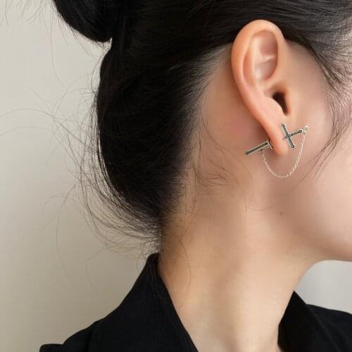 1pc Genuine 925 Sterling Silver Vintage Cross Earrings Black Tone Retro Chain Front Back Post Stud Earrings for Women Men Unisex