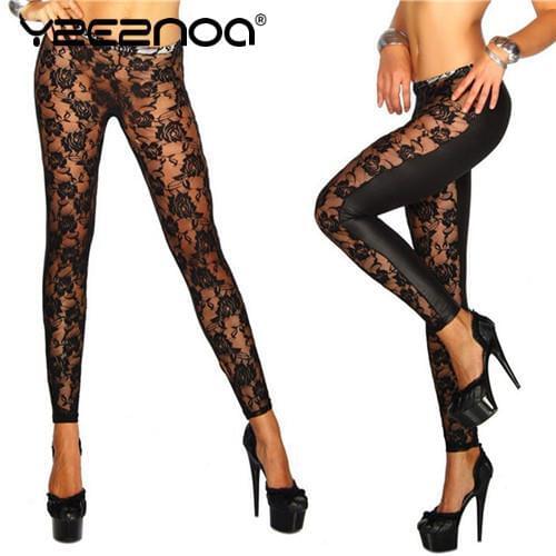 1PCS Women Leggings Sexy Leather Pants Flower Lace Mesh Stitching Solid Black Long Pants For Nightclub Dancing Perspective
