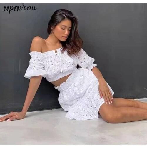 Free Shipping 2021 New Summer Skirt Set Women Sexy Card Shoulder Short Sleeve Hollow Short Top & A Line Mini Skirt Two Piece Set