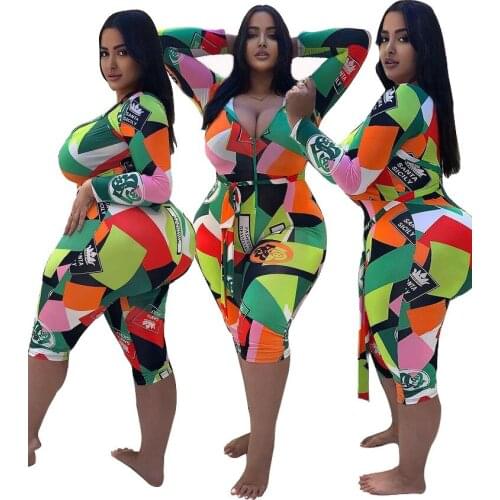 Plus Size XL-5XL Summer Women Printed Long Sleeve Bodysuits Bodycon Jumpsuit Sexy Club Romper Playsuit Outfits with Zipper