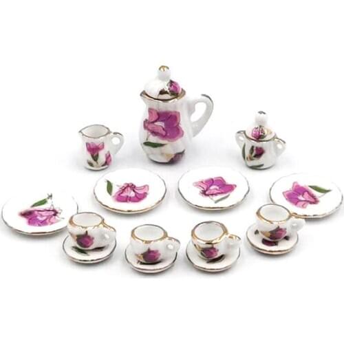 15Pcs/set 1:12 Dollhouse Miniature Ceramic Tableware Porcelain Ceramic Tea Cup Plate Simulation Kitchen Toys