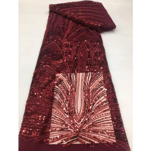 5yards/pc) High quality wine red African tulle lace fabric with tube beads and sequins embroidery 2021 French net lace FSS426