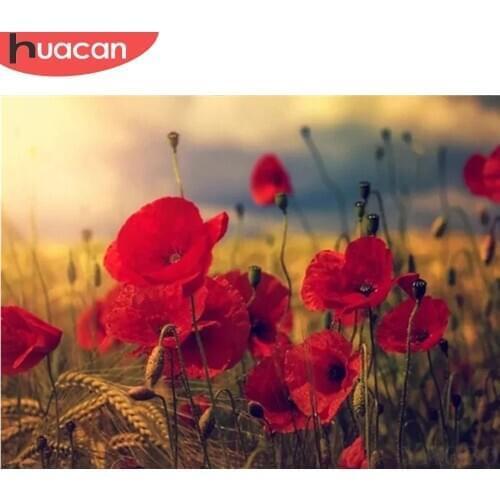 HUACAN 5D Full Square Round Diamond Painting Poppy Flower Needlework Diamond Painting Flower Mosaic Sunset Cross Stitch Wall Art