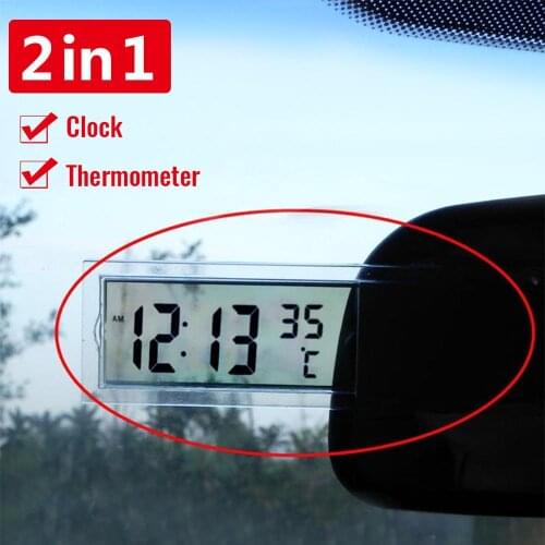 New Hot Sale 2 In 1 Automobile Car Clock Thermometer Sucker Type Clock Thermometer Transparent LCD Digital Watch 10 Button Cell