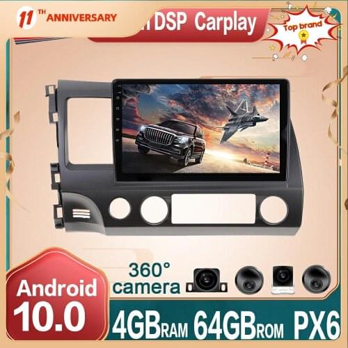 Android 10 Car Multimedia Radio Player 360 Panoramic Camera For Honda Civic 2007+ PX6 4G+64GB Car GPS Navigation DVD DSP carplay