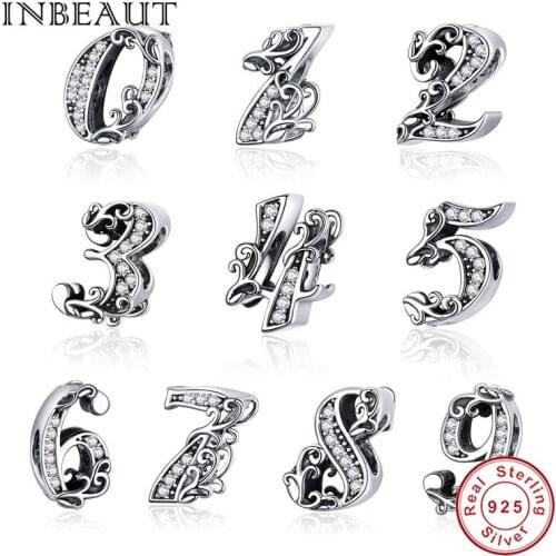 INBEAUT 100% 925 Sterling Silver White CZ Arabic Numerals Beads fit Brand Bracelet Zircon Number Shaped Charms diy Jewelry