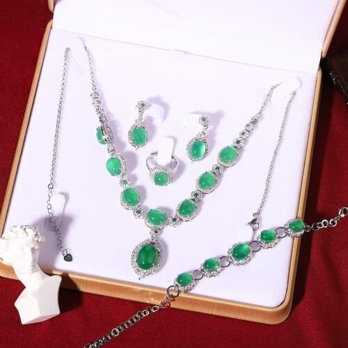LETSFUN 4pcs 925 Sterling Silver Natural Vintage Green Jade Gemstone Beads Rings Necklace Bracelet Earrings Set luxurious Bijout