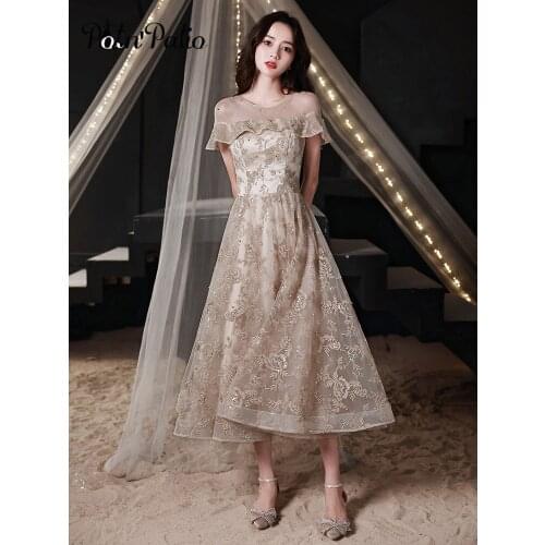 Lace Evening Dresses With Ruffles Sleeve 2021 Elegant O-Neck A-line Tea-length Beaded Prom Dresses For Graduation Party