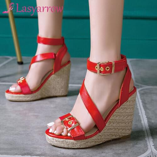 Lasyarrow 5 Colors High Heels Sandals Wedges Summer Women Shoes Fashion Buckle Lady Work Banquet Ankle Strap Shoes Size 34-46