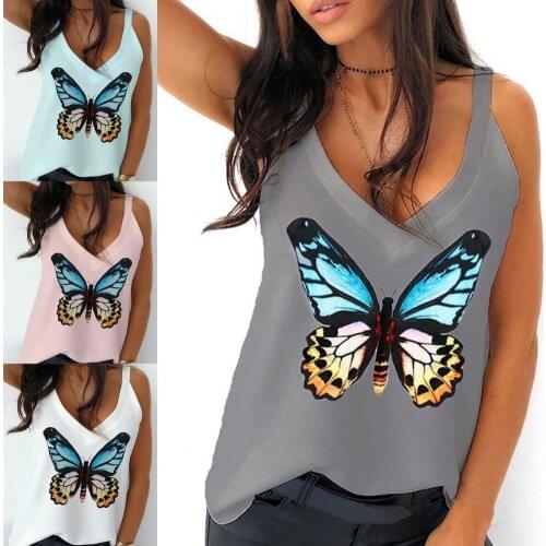 Womens Tanks Tops 2021 Summer Fashion V Neck Loose Butterfly Printed Camis Vests Oversized Rivet Camisole Casual Streetwear