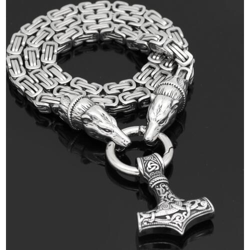 Men stainless steel viking bear head with thor hammer MJOLNIR pendant necklace -Dragon Chain