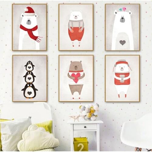 Painting Print Baby Room Home Wall Decor Nordic Cute Animal Hippo Penguin Polar Bear Portrait A4 A3 A2 Canvas Art Poster