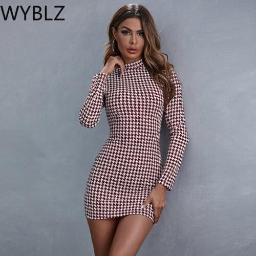 WYBLZ 2021 New Long-sleeved Summer Slim Female Mini Dress Sexy Red Slim O-neck Nightclub Sexy Bag Hip Party Short Plaid Dress