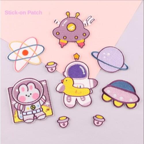 Cute Bunny Astronaut Embroidery Patches Self-adhesive Cartoon Planets Stickers No Ironing Cute Stick-on Appliques for Clothing