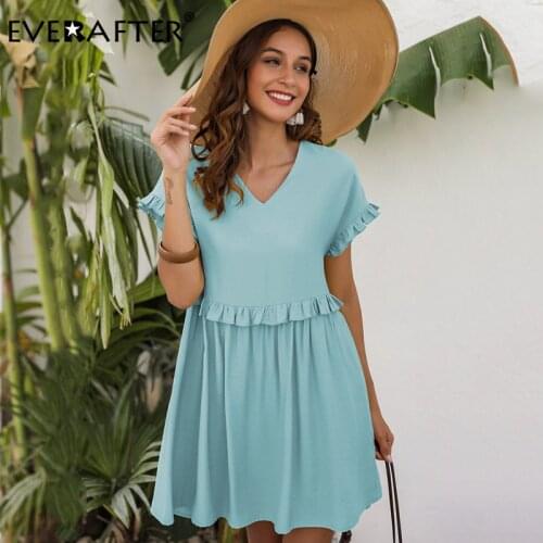 EVERAFTER Casual Solid V-neck Women Dress Spring Summer Ruffle A-line Loose Mini Dress Fashion Short Sleeve Holiday Female Dress