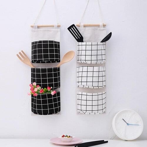 Cotton Linen Hanging Storage Bag 3 Pockets Wall Mounted Wardrobe Hang Bag Cosmetic Toys Organizer Home Decoration Accessories