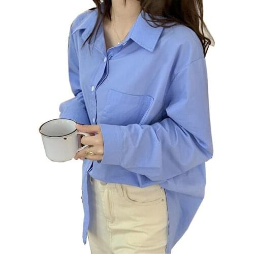Casual Loose Women Blouses Shirts Minimalist Single-breasted Female Blue Shirts 2021 Spring Summer Tops Oversized femme CL828